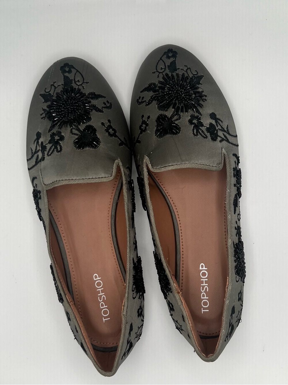 Topshop Gray Floral Beaded Slip-On Flats
